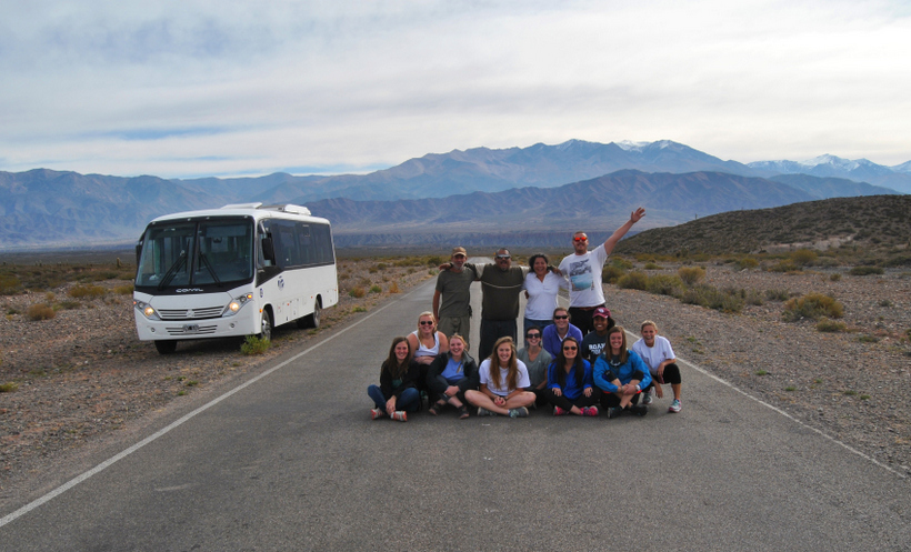 Students in front of the Andes Mountains