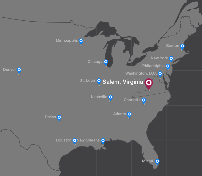 Map highlighting Salem, as well as other major cities in the country. The cities are: Boston, New York, Philadelphia, Minneapolis, Chicago, Washington D.C., Denver, Dallas, Houston, New Orleans, Miami, St. Louis, Nashville, Atlanta, and Charlotte