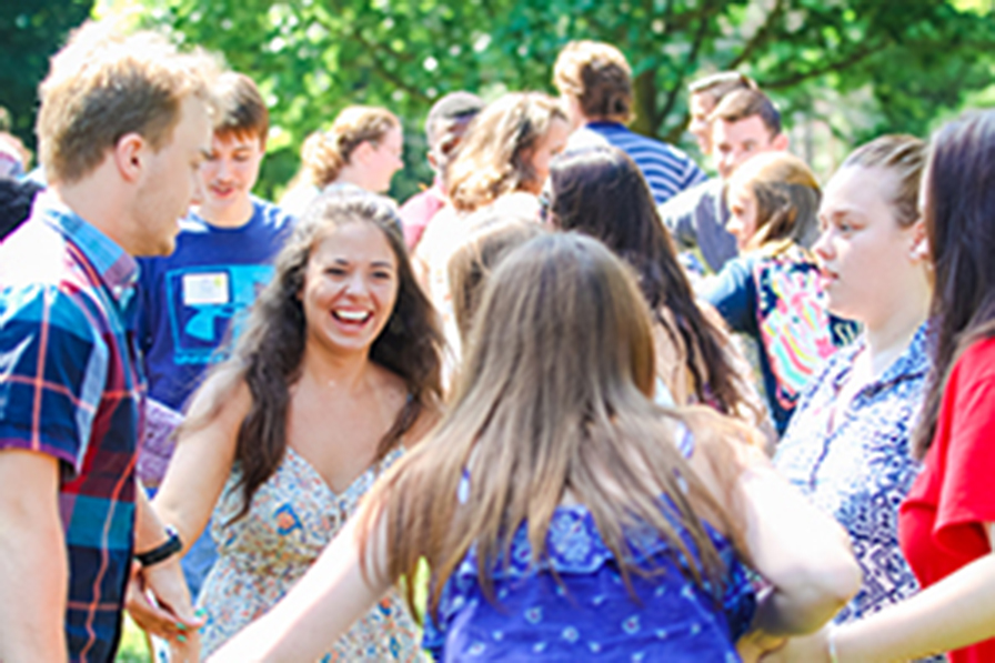 students playing a game outside