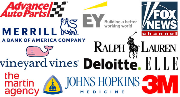 Logos for organizations where alumni work: John Hopkins Hospital, Advance Auto Parts, Elle, the martin agency, ey, merrill lynch, 3m, deloitte, fox news, ralph lauren, vineyard vines