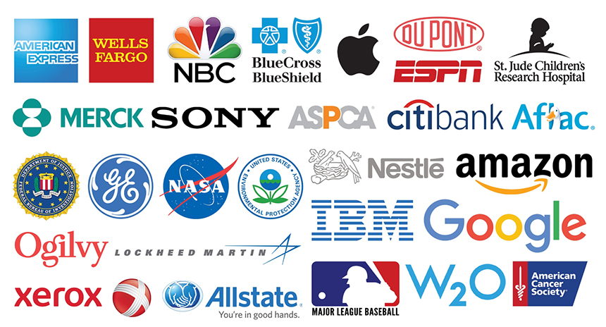 Logos of: American Express, Wells Fargo, NBC, Anthem Blue Cross Blue Shield, Apple, DuPont, ESPN, Merck, Sony, St. Jude Children's Hospital, ASPCA, CitiBank, Aflac, Hilton, NASA, Department of Justice, EPA, IBM, Nestle, Amazon, Google, Ogilvy, Xerox, Allstate, Lockheed Martin, MLB, W2O, American Cancer Society