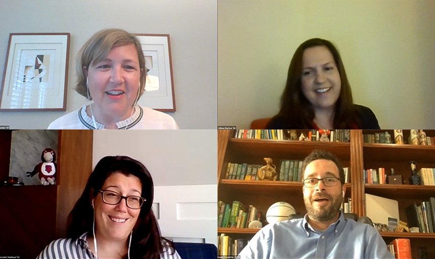 Four people talking on Zoom video conference call