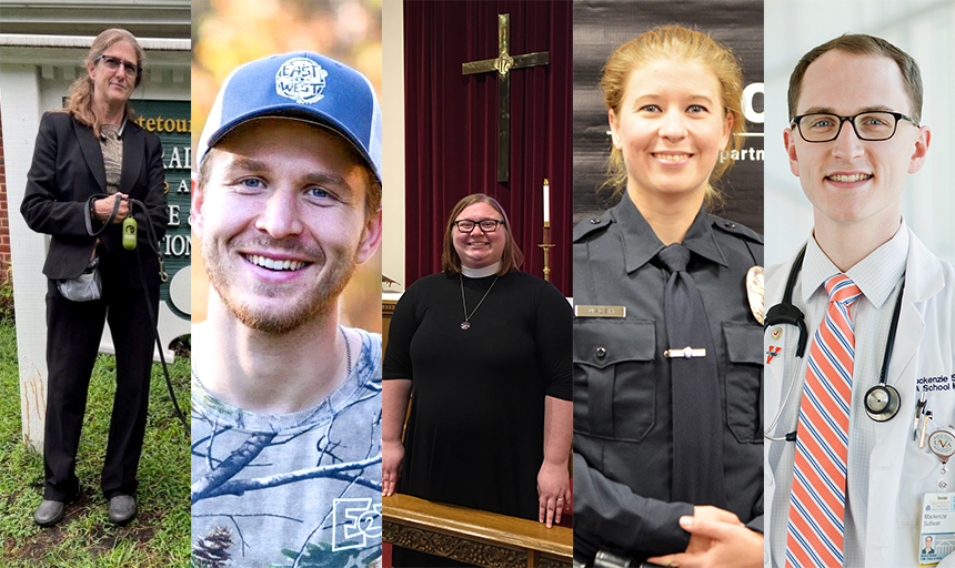 Gillian Deegan '88, Josef Simme '18, the Rev. Kayla (Demonds) Keilholtz '15, Stephanie Walsh '14 and Dr. Mackenzie Sullivan '15