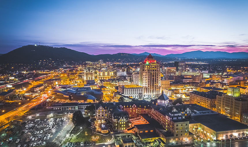 aerial view of City of Roanoke with buildings and sky