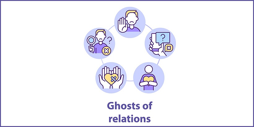Slide of an illustration with the text Ghosts of Relations and drawings depicting confusion (example: a question mark over a phone) and heartbreak (example: a hand holding a heart with a bandage on it)