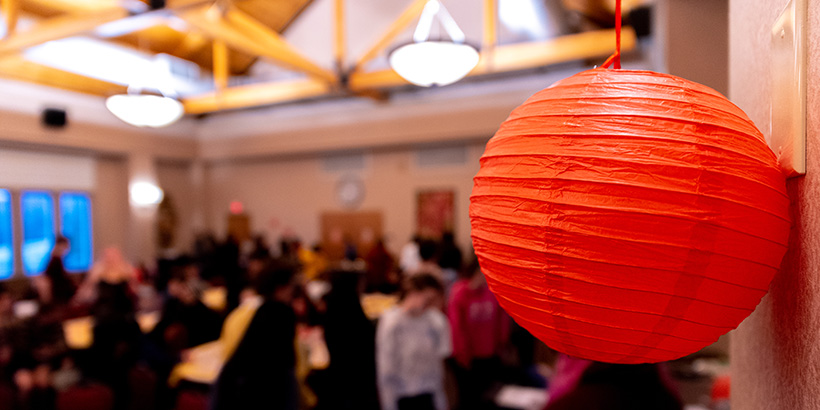 Closeup image of a paper lantern hanging in the Wortmann Ballroom