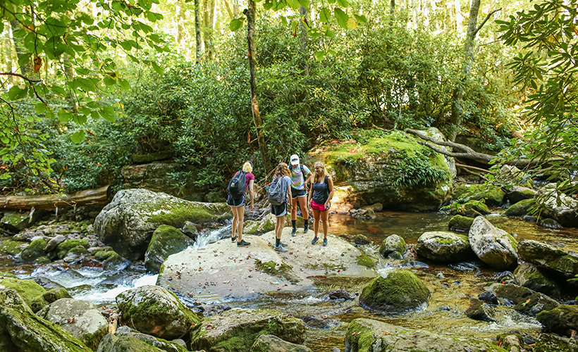Hiking across a creek