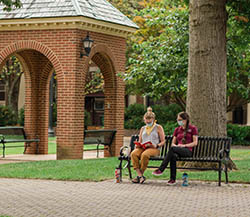 Two students sitting on a bench wearing masks and reading a book