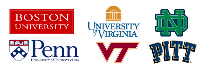 Graphic including logos for Boston University, University of Virginia, Notre Dame, University of Pennsylvania, Virginia Tech and Pitt.