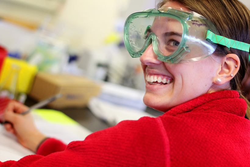 Students in chemistry lab wearing goggles