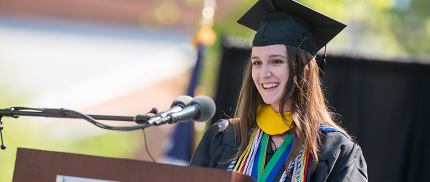 Nikki Hurless speaking at graduation